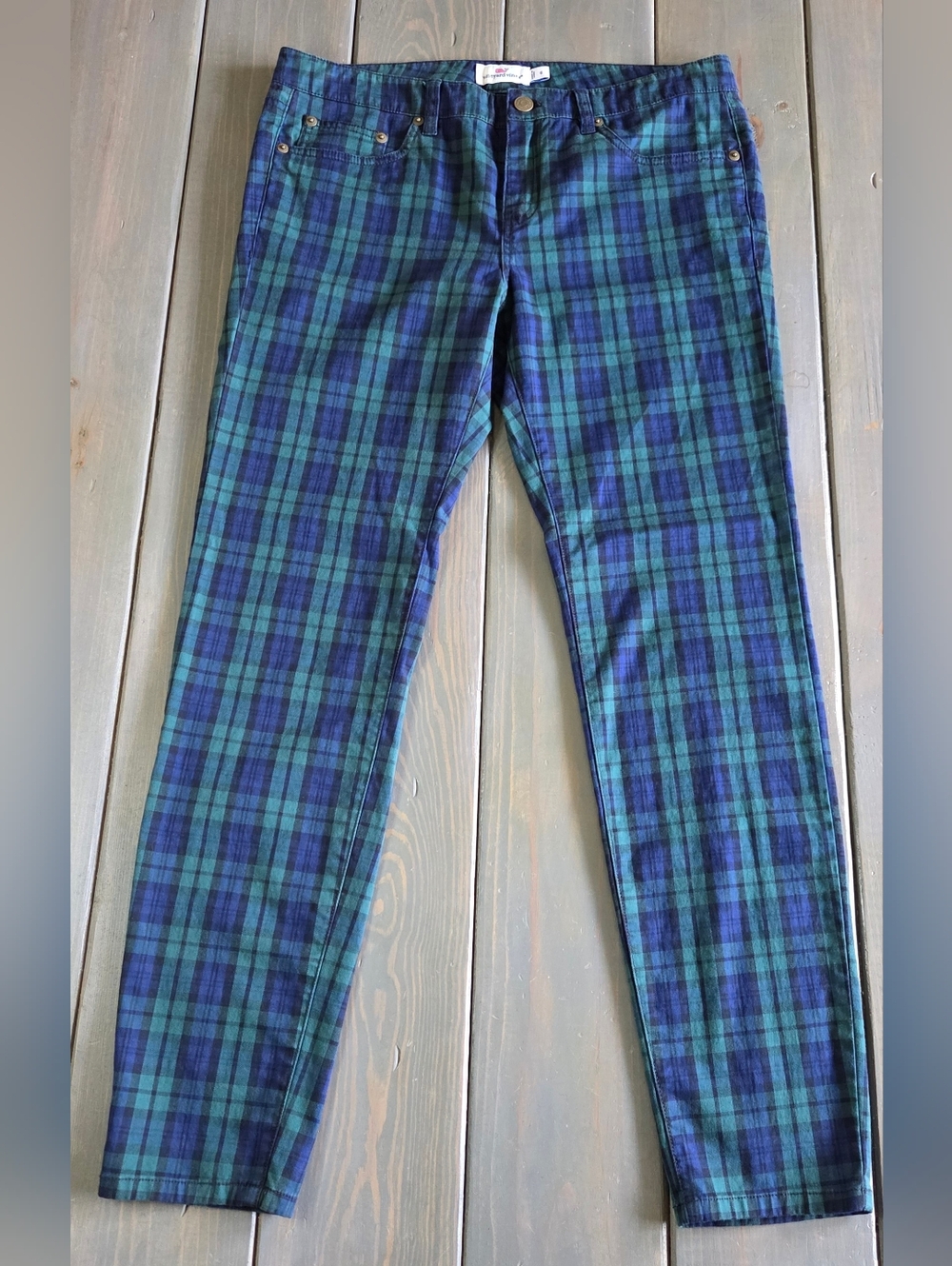 Vineyard Vines Plaid Pants Womens Size 6 Blue Green Skinny Stretch Preppy